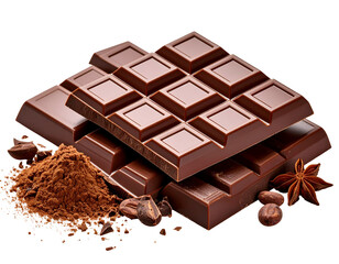 Rich dark chocolate bars elegantly stacked with aromatic cocoa powder, cocoa beans, and star anise.