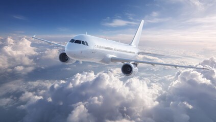 Obraz premium Modern commercial passenger airplane flying high in clear blue sky with clouds and sun rays, transportation, travel, tourism, aviation, craft, aircraft