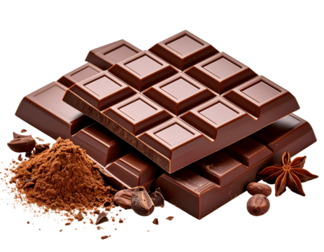 Rich dark chocolate bars elegantly stacked with aromatic cocoa powder, cocoa beans, and star anise.