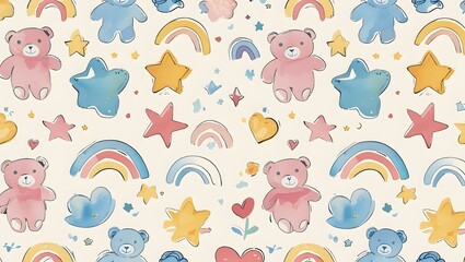 Seamless pattern with cute cartoon bears, rainbow, stars and hearts.