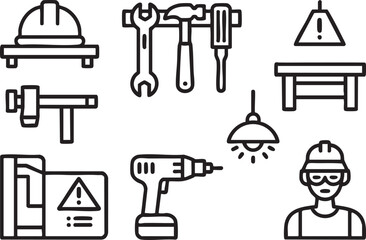 Fototapeta premium Collection of construction and safety icons including tools hard hat warning sign and worker