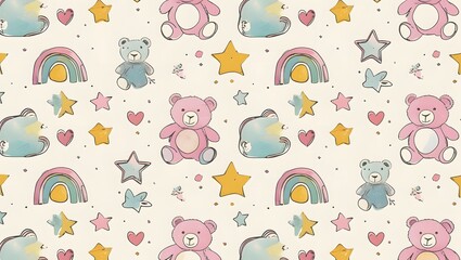 Obraz premium Seamless pattern with cute teddy bears, stars and rainbow.