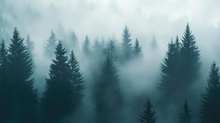 photorealistic misty pine trees