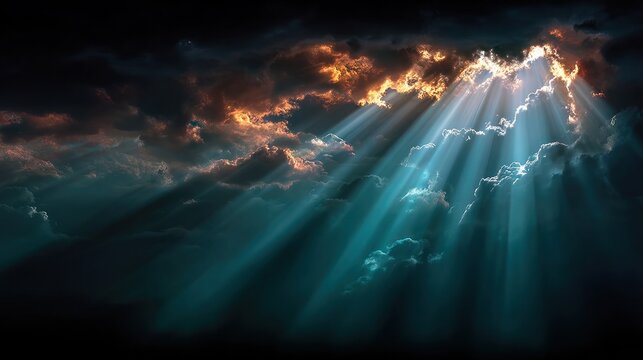 Dramatic sun rays breaking through dark clouds teal and orange colors