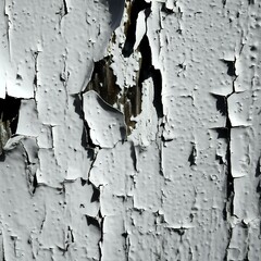 Peeling paint texture close-up, aged surface with cracked and flaking white paint.