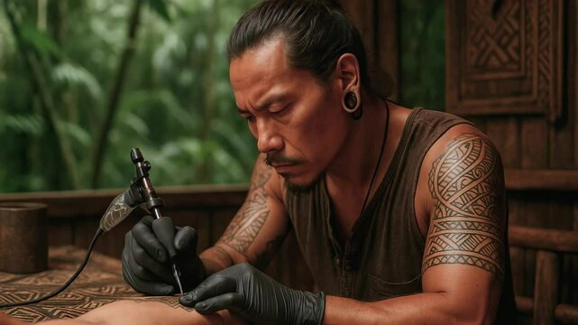 Professional tattoo artist with traditional polynesian tattoos on his arms carefully applying a tattoo on a client's skin, inside a wooden structure in a tropical forest