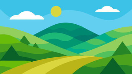 Obraz premium Colorful flat illustration of landscape with rolling green hills and blue sky