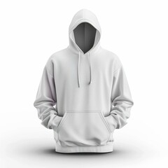 White hoodie mockup showcasing casual wear, featuring a front kangaroo pocket, drawstring hood, and hands tucked inside