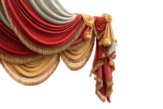 PNG Elegant red and gold theater curtain with ornate tassels and drapery design - Powered by Adobe