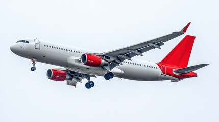 Obraz premium Airplane in flight white and red aircraft in overcast sky