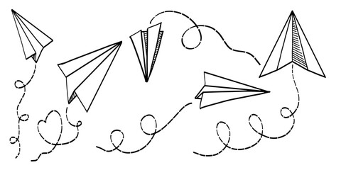 Hand drawn doodle style paper airplanes with dotted paths vector set. Black linear paper airplane icon