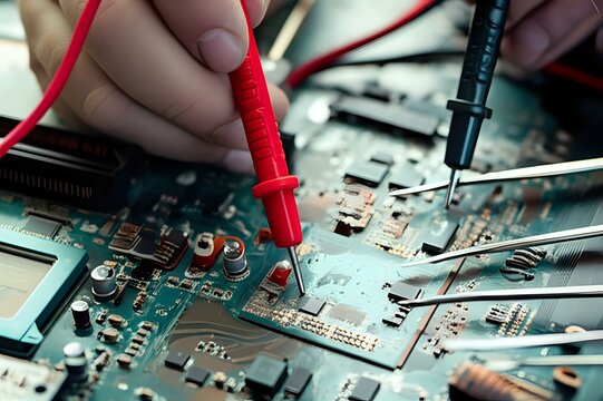 Close-up of electronics engineer testing circuit board with multimeter probes.