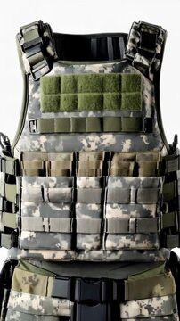 Tactical camouflage vest with pouches, loops and adjustable straps, offering modularity for various attachments and custom configurations.