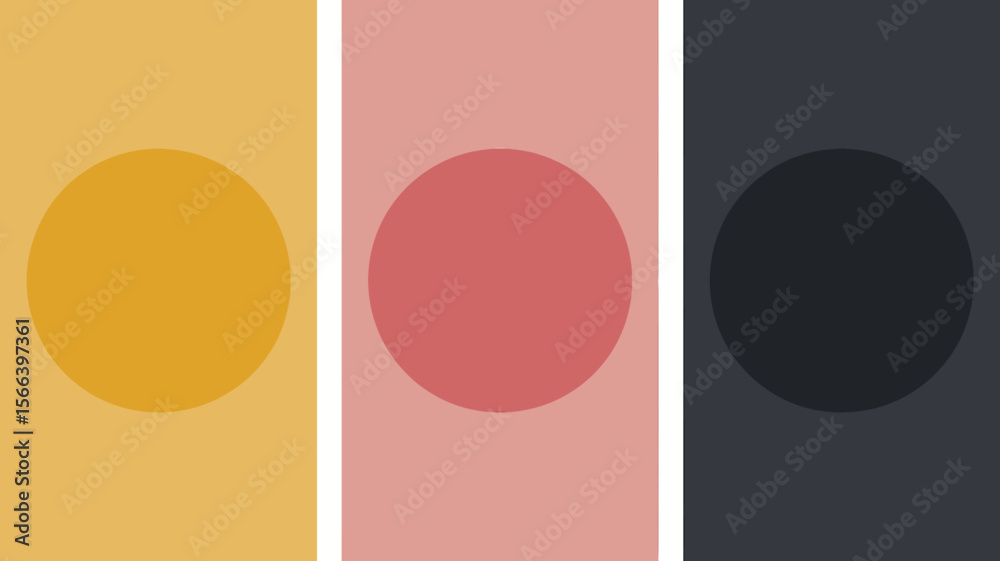 Poster three vertical panels each with a solid color background and a circle in a similar hue centered