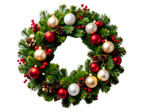 This festive Christmas wreath, richly adorned with glittering ornaments and natural elements, celebrates the holiday