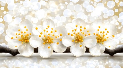 Three Delicate White Blossoms on Branch, Sparkling Background