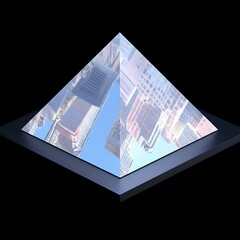 Architectural illusion: A pyramid reflecting city buildings against a blue sky.
