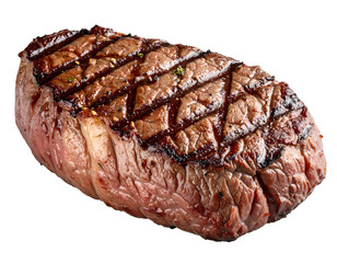 Juicy grilled beef steak, expertly cooked to perfection with enticing grill marks and fresh herbs.