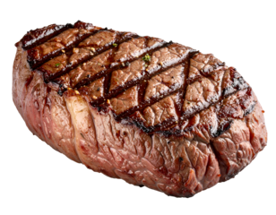 Juicy grilled beef steak, expertly cooked to perfection with enticing grill marks and fresh herbs.