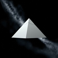 Pyramid in the cosmos, a stark geometric form against a star-filled expanse.