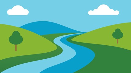 Peaceful landscape illustration with river winding through green hills under a blue sky