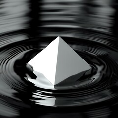 Geometric Precision: A White Pyramid Resting on Rippling Black Liquid Surface.