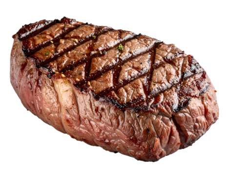 Juicy grilled beef steak, expertly cooked to perfection with enticing grill marks and fresh herbs.