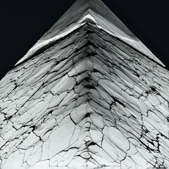 Monochrome pyramid with cracked surface against a dark background, abstract form.