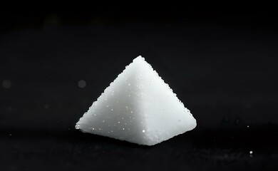 A minimalist still life of a single sugar cube pyramid against a black background.