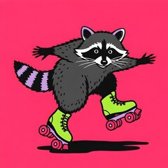 Illustration of a raccoon on roller skates. modern block printing, risograph, roller skating, printmaking style, modern illustration, character design, stylized animal, vibrant colors, textured print
