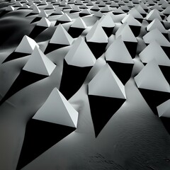 Abstract landscape featuring repeating geometric pyramids with stark shadows, monochrome.