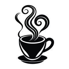 A minimalist black silhouette of a steaming coffee cup with a delicate swirl of steam rising perfect for cafe branding