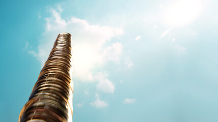 Golden Coins stacked high toward sunlight sky, Financial freedom, prosperity, economic growth, wealth, investment success