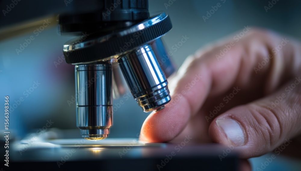 Poster Detailed close-up of a laboratory microscope with a person's finger adjusting focus in a scientific research setting