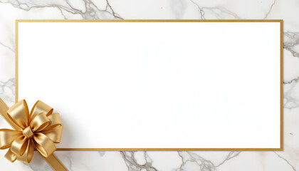 Blank white gift card with golden bow on marble background  