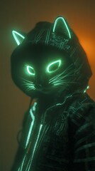 Futuristic cat figure in glowing hoodie.