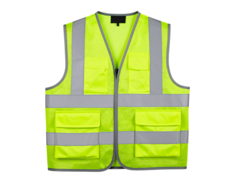 Bright Yellow Safety Vest with Reflective Stripes and Pockets Isolated on White Background PNG