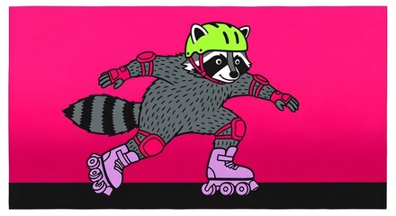 Illustration of a raccoon on roller skates. modern block printing, risograph, roller skating, printmaking style, modern illustration, character design, stylized animal, vibrant colors, textured print