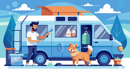 A man is standing next to a blue van with a dog. The man is holding a tool and he is fixing something. The van is parked in a grassy area with trees in the background