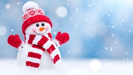 Festive Snowman Adorned with Red Hat and Scarf Stands Amidst Gentle Falling Snow