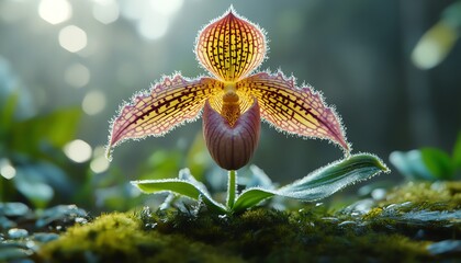 yperrealistic closeup of Paphiopedilum orchid with radiant emerald green pouch and velvety deep purple petals