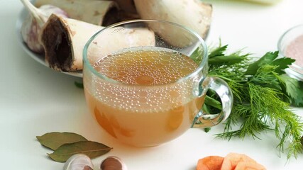 Ingredients for the preparation of fatty, high-calorie, rich in vitamins, trace elements, collagen, bone broth. Hot winter and autumn food. Natural warming drink for health. Healthy lifestyle