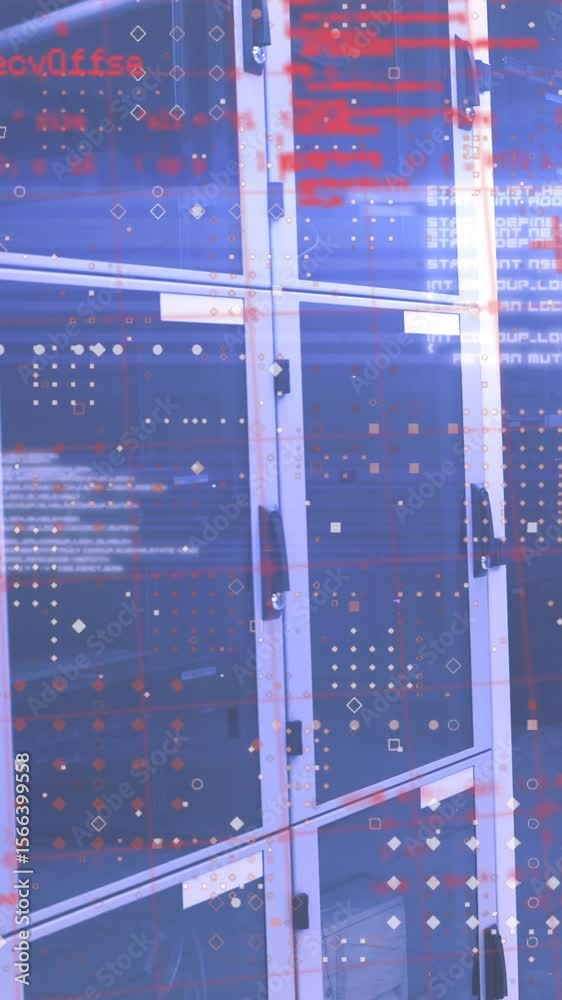 Poster animation of data processing and dots pattern against computer server room