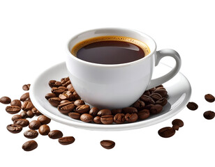 Obraz premium A steaming cup of rich black coffee sits elegantly on a saucer surrounded by roasted coffee beans