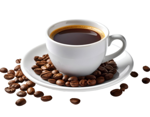A steaming cup of rich black coffee sits elegantly on a saucer surrounded by roasted coffee beans