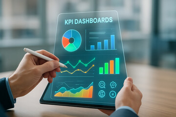 Person analyzing digital charts on transparent screen hand stylus