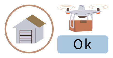 Drone carrying a package toward a house with a garage. Status marked as Ok. Ideal for logistics, automation, technology, delivery service, innovation, e-commerce shipping. Simple flat metaphor