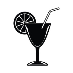 A striking black silhouette of a cocktail glass with a straw and a lemon slice perfect for beverage design
