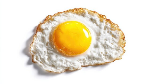 Close-up of a perfectly cooked sunny side up fried egg with a bright yellow yolk and crispy white edges on white background - Powered by Adobe