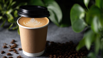 Coffee cup with latte art in a biodegradable paper cup on dark surface with coffee beans and green leaves for eco-friendly coffee shop concept